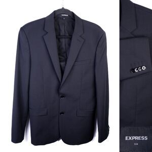 Express Blazer Jacket Mens 36R Black Solid Slim Wool Two Buttons Sport Coat EUC